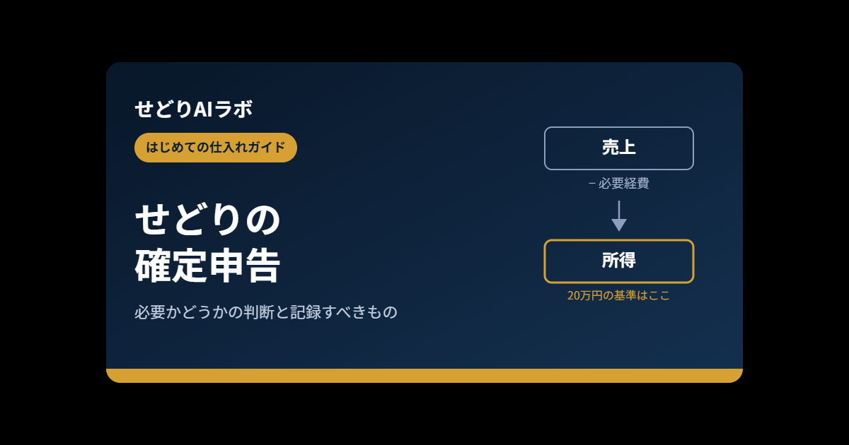 せどりの確定申告アイキャッチ画像。売上から必要経費を引いた所得を基準に20万円のラインが決まることを表す図